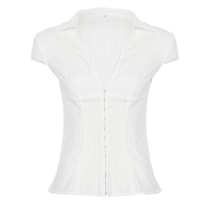 Damas Elegant blusa corta de manga corta con bonito cuello alto y cremallera Mirla-Eva Jonsson