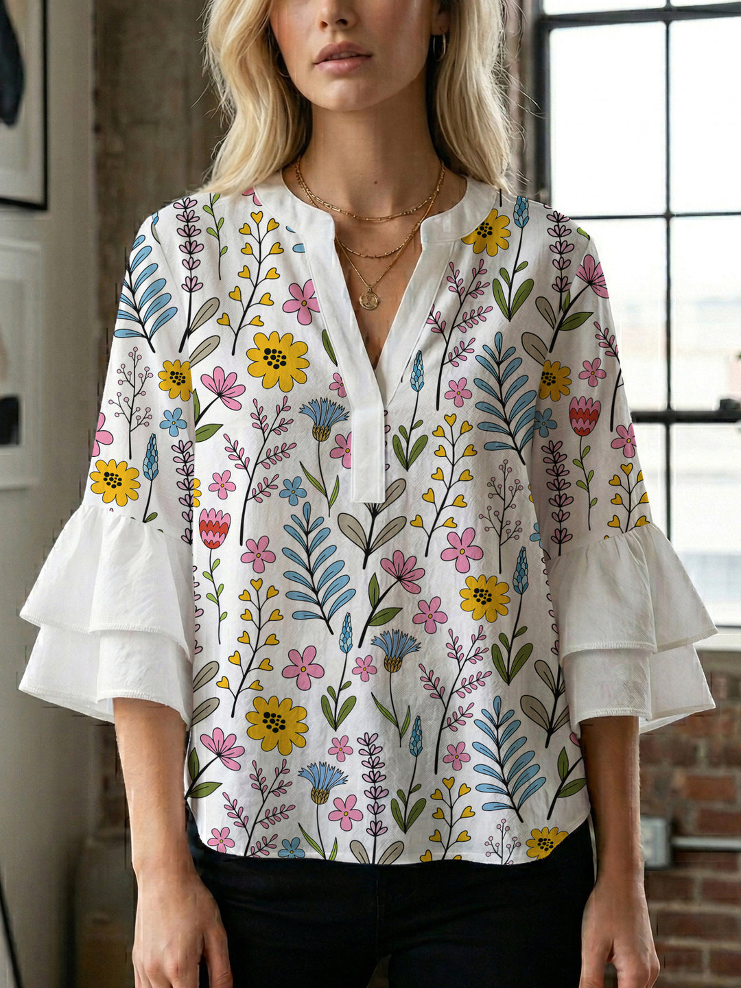 Damblus med voluminösa prickiga ärmar och blommönster Mirla-Eva Jonsson