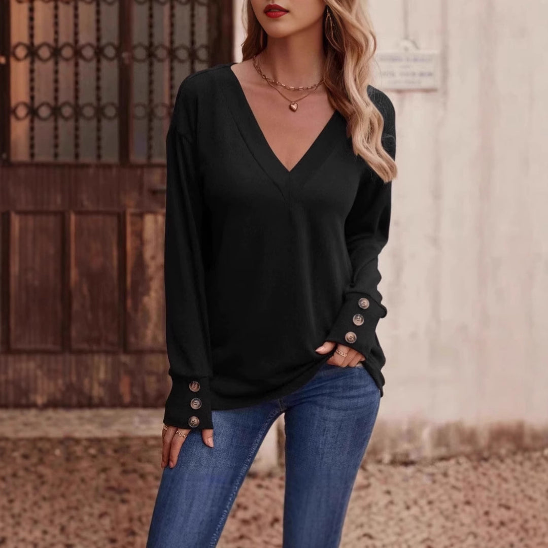 Damdress casual V-hals tröja med speciella knappdetaljer Eva Jonsson-Eva Jonsson