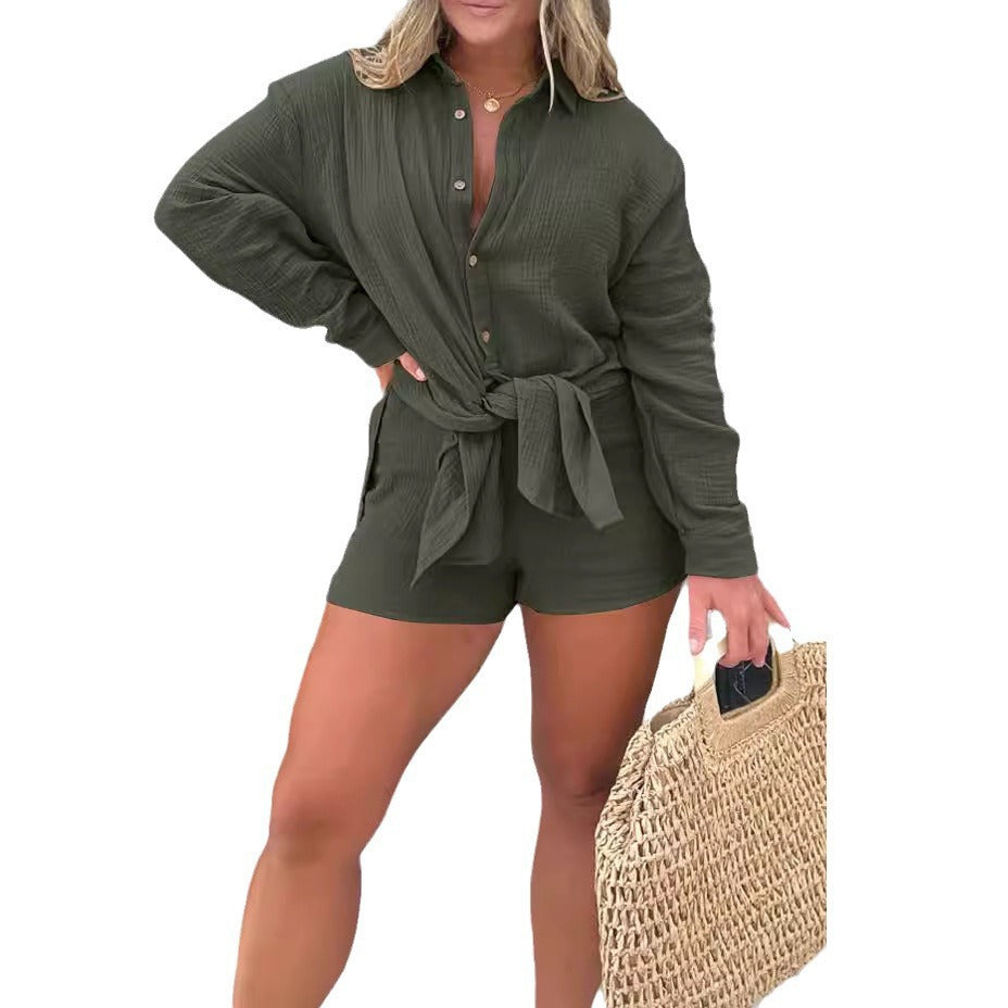 Dame Avslappnad Krepp-Blus och Shorts-Set med Justerbart Bälte Eva Jonsson-Eva Jonsson