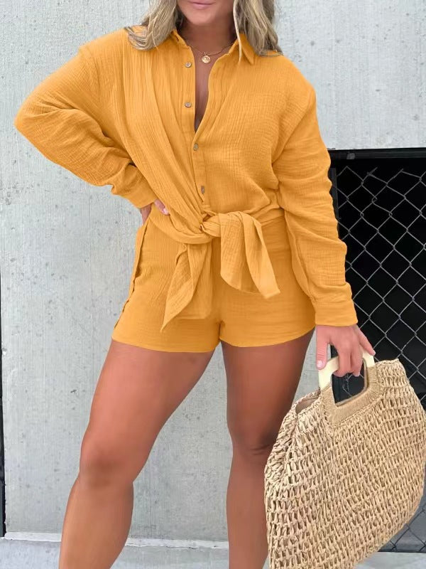 Dame Avslappnad Krepp-Blus och Shorts-Set med Justerbart Bälte Mirla-Eva Jonsson