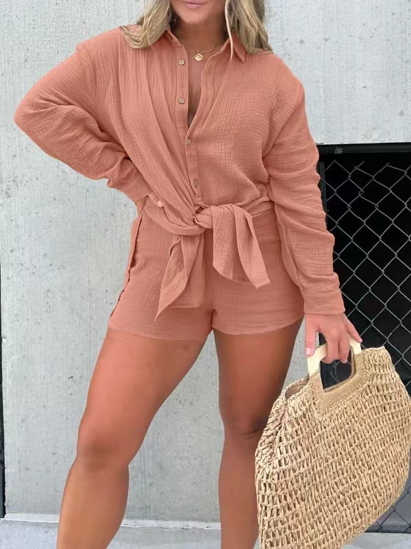 Dame Avslappnad Krepp-Blus och Shorts-Set med Justerbart Bälte Mirla-Eva Jonsson