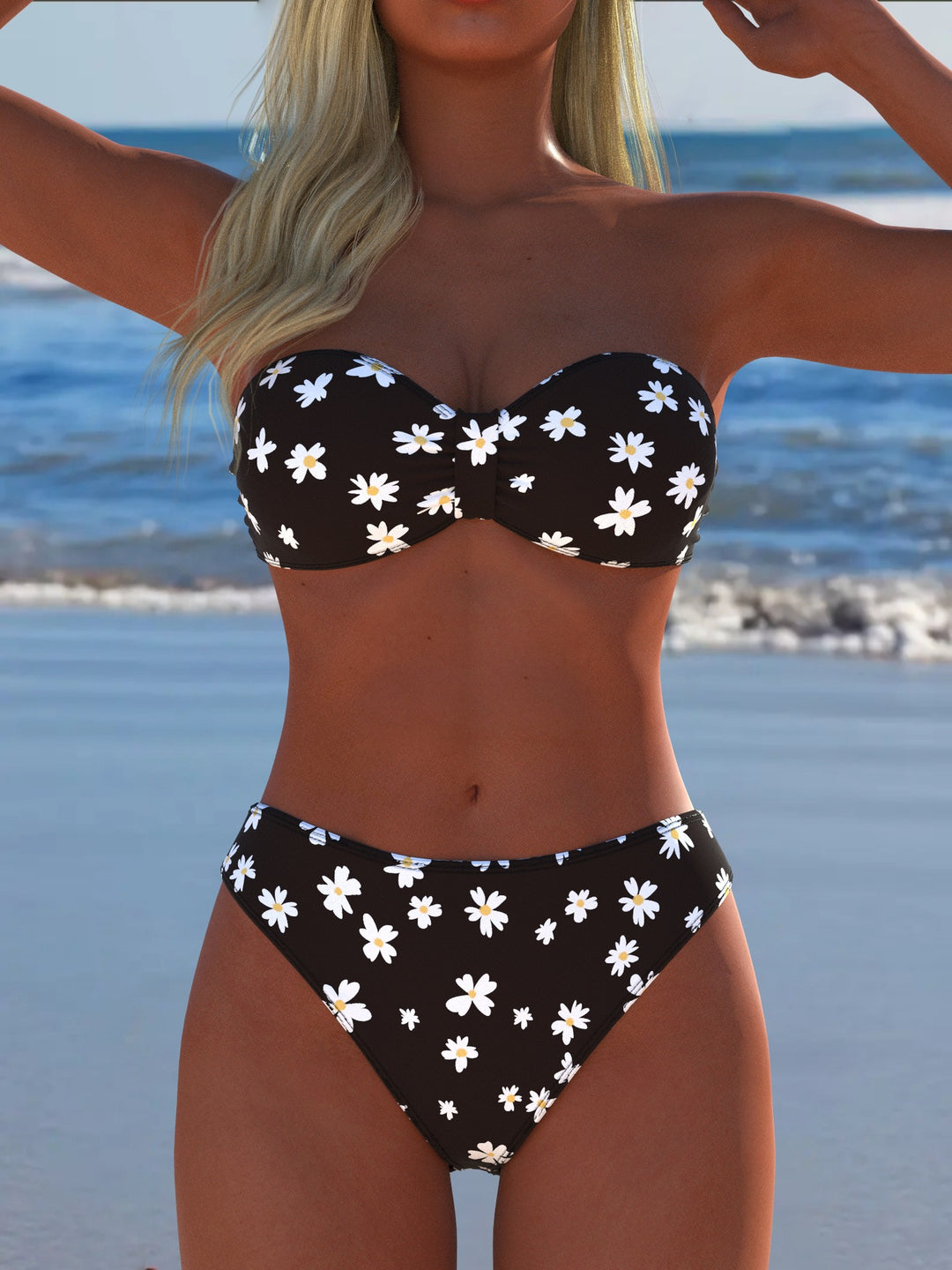 Dame Bandeau-bikini med blommönster och hög midjeskärning Mirla-Eva Jonsson