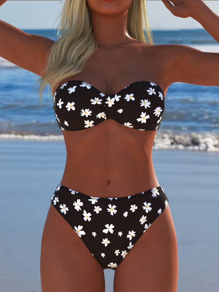 Dame Bandeau-bikini med blommönster och hög midjeskärning Mirla-Eva Jonsson