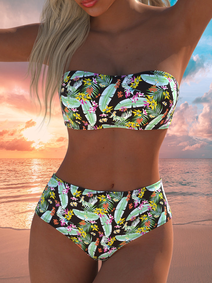 Dame Bandeau-bikini med höga byxor och färggdruckt tryck-Eva Jonsson