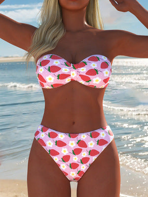 Dame Bandeau-bikini med höga byxor och färggdruckt tryck-Eva Jonsson