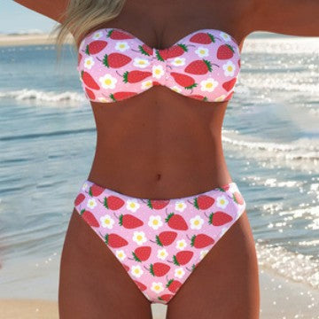 Dame Bandeau-bikini med höga byxor och färggdruckt tryck-Eva Jonsson