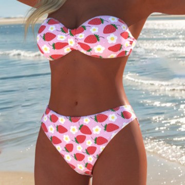 Dame Bandeau-bikini med höga byxor och färggdruckt tryck-Eva Jonsson