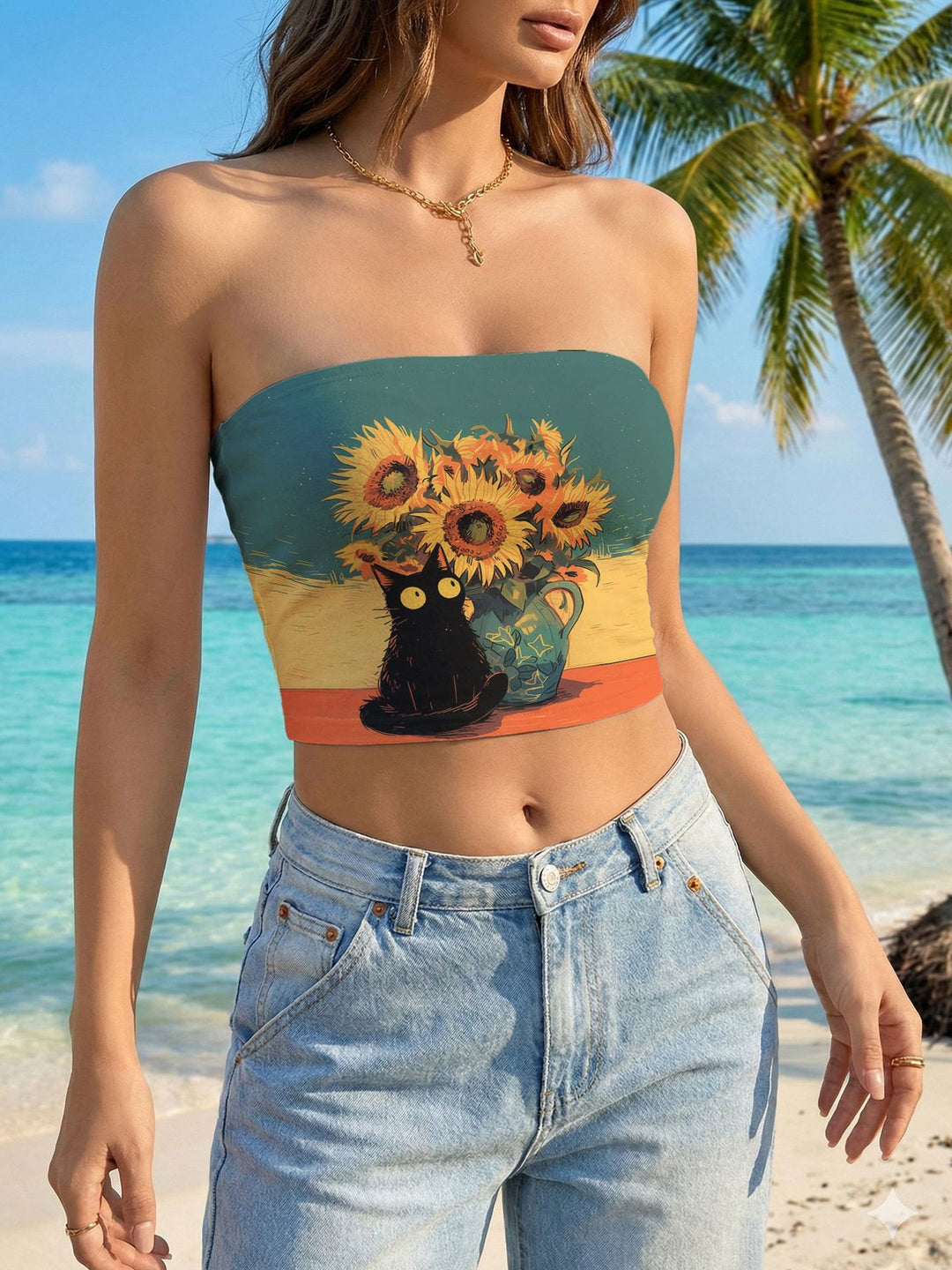 Dame Bandeau-top med blommig fågelmotiv och elastisk passform Mirla-Eva Jonsson
