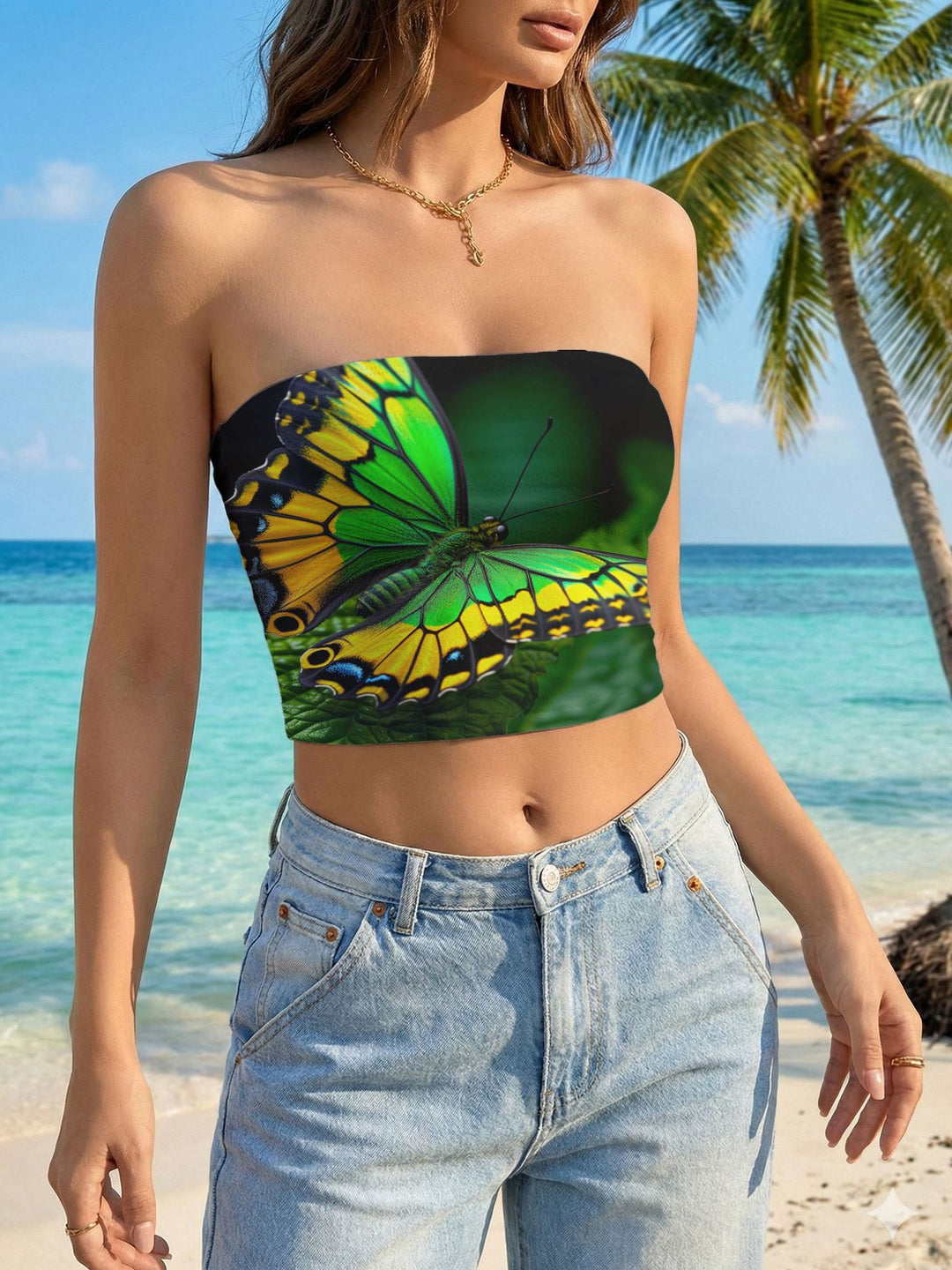 Dame Bandeau-top med blommig fågelmotiv och elastisk passform Mirla-Eva Jonsson