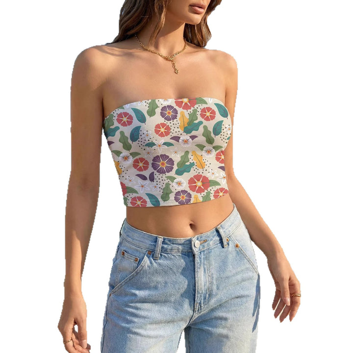 Dame Bandeau-top med blommig fågelmotiv och elastisk passform Mirla-Eva Jonsson
