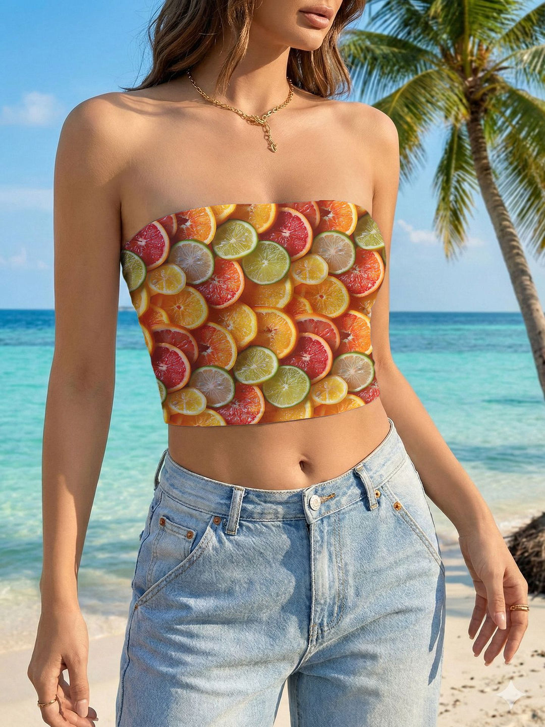 Dame Bandeau-top med blommig fågelmotiv och elastisk passform Mirla-Eva Jonsson