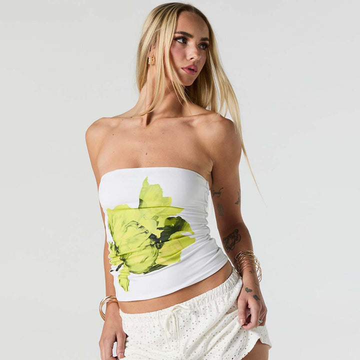 Dame Bandeau-top med blommönster och elastiskt tyg Mirla-Eva Jonsson
