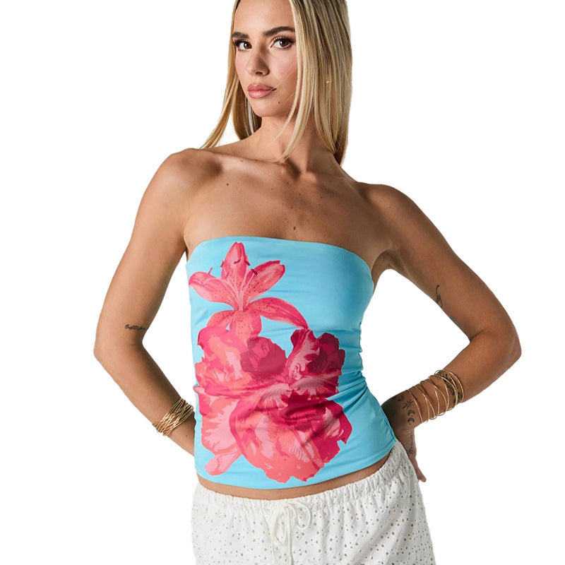 Dame Bandeau-top med blommönster och elastiskt tyg Mirla-Eva Jonsson