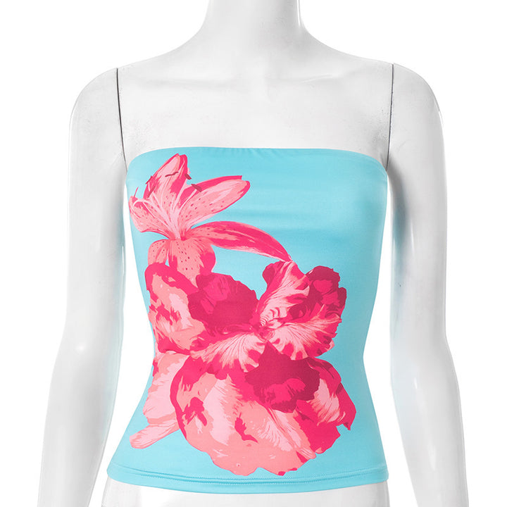 Dame Bandeau-top med blommönster och elastiskt tyg Mirla-Eva Jonsson