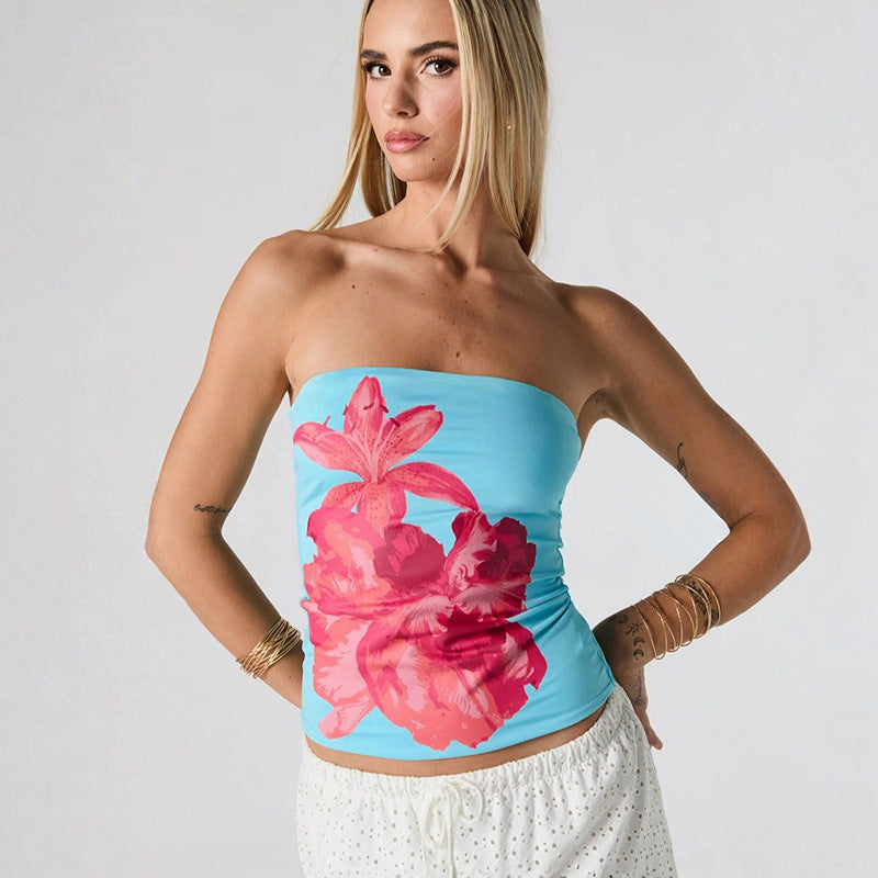 Dame Bandeau-top med blommönster och elastiskt tyg Mirla-Eva Jonsson