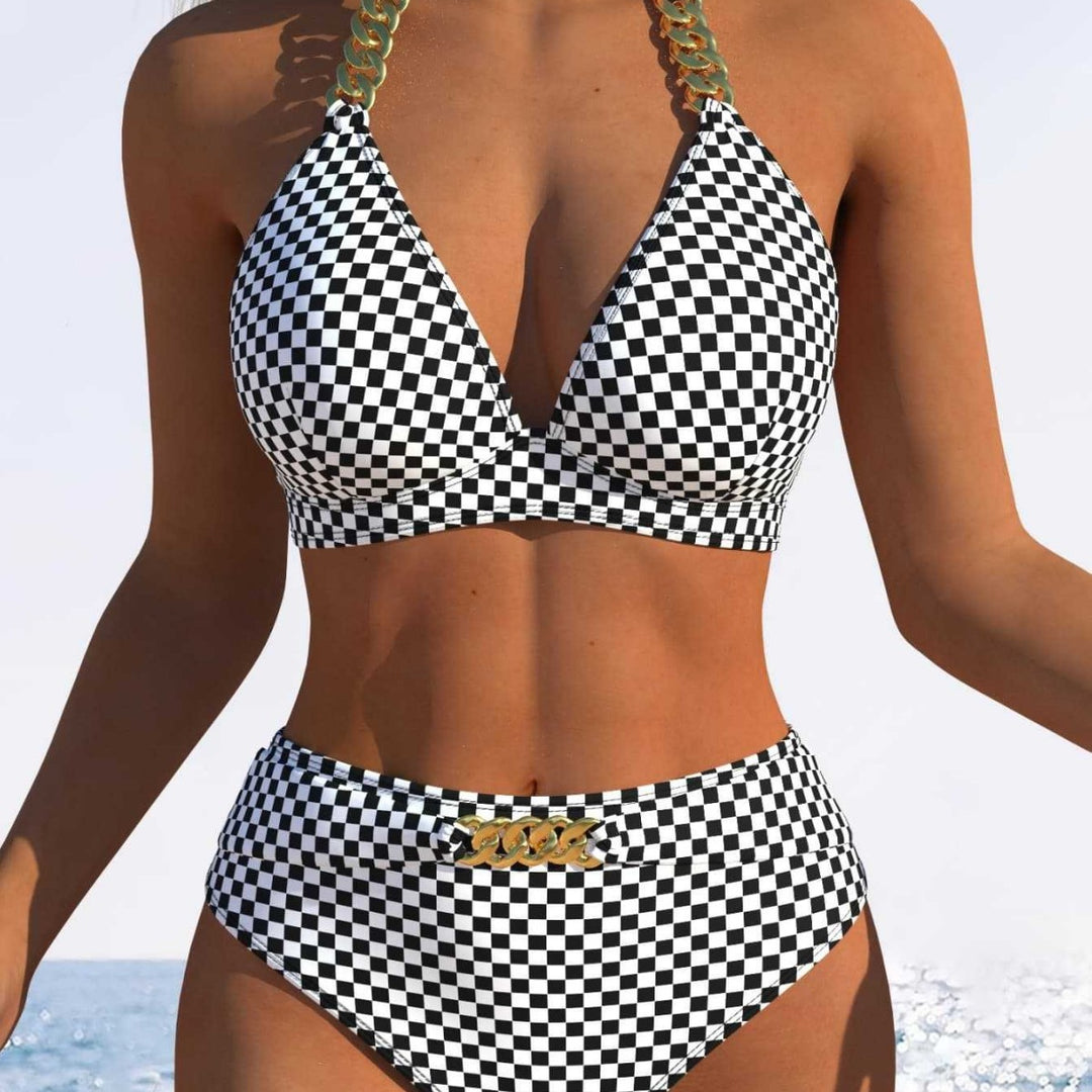Dame Bikini-set med stiligt rutig mönster och guldfärgade accenter Mirla-Eva Jonsson