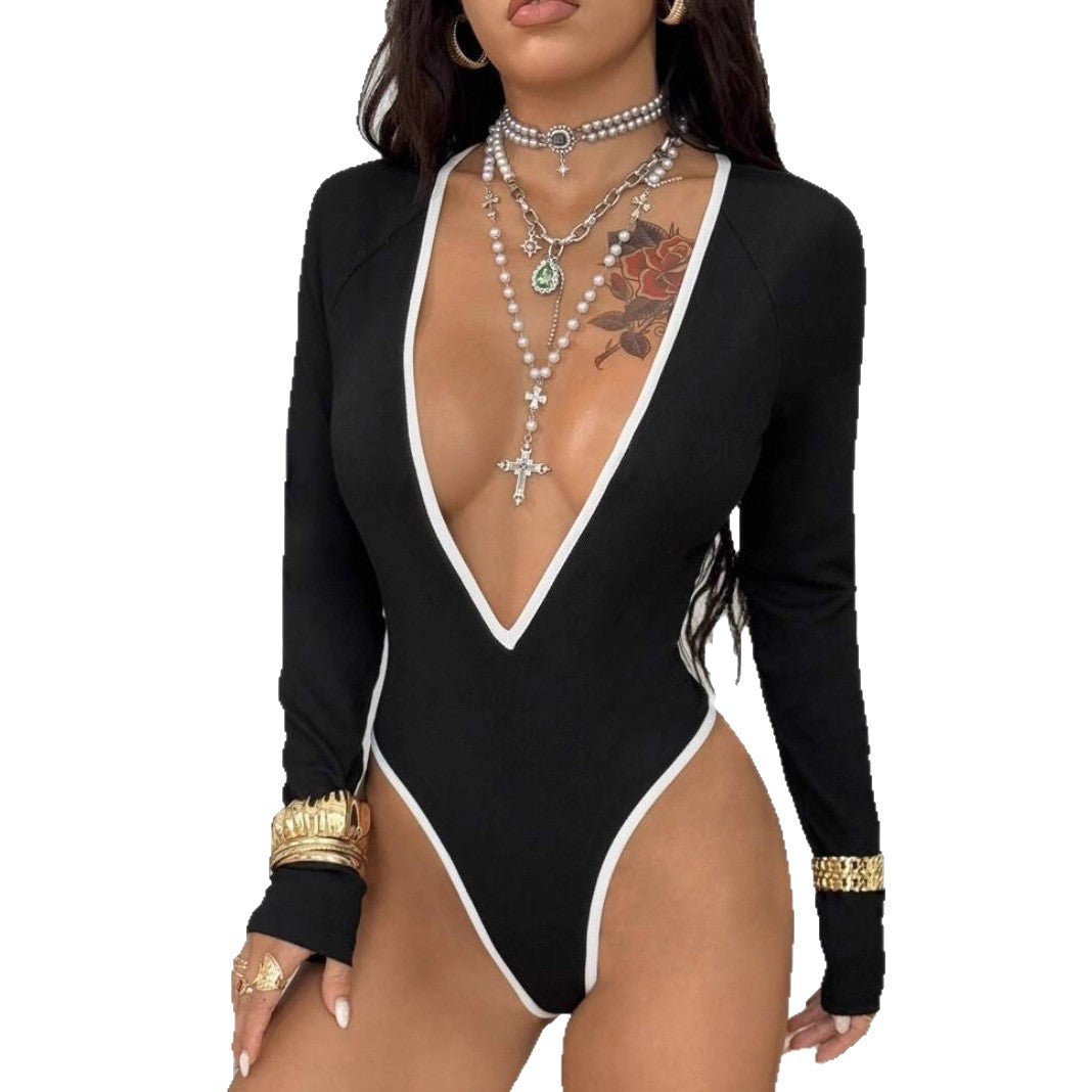Dame Bodysuit med djup V-ringning och eleganta kontrastdetaljer Mirla-Eva Jonsson