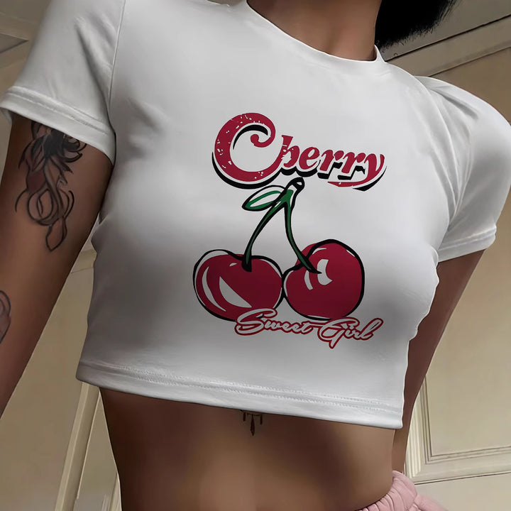 Dame Crop-T-shirt med fruktig körsbärdesign och lös passform Mirla-Eva Jonsson
