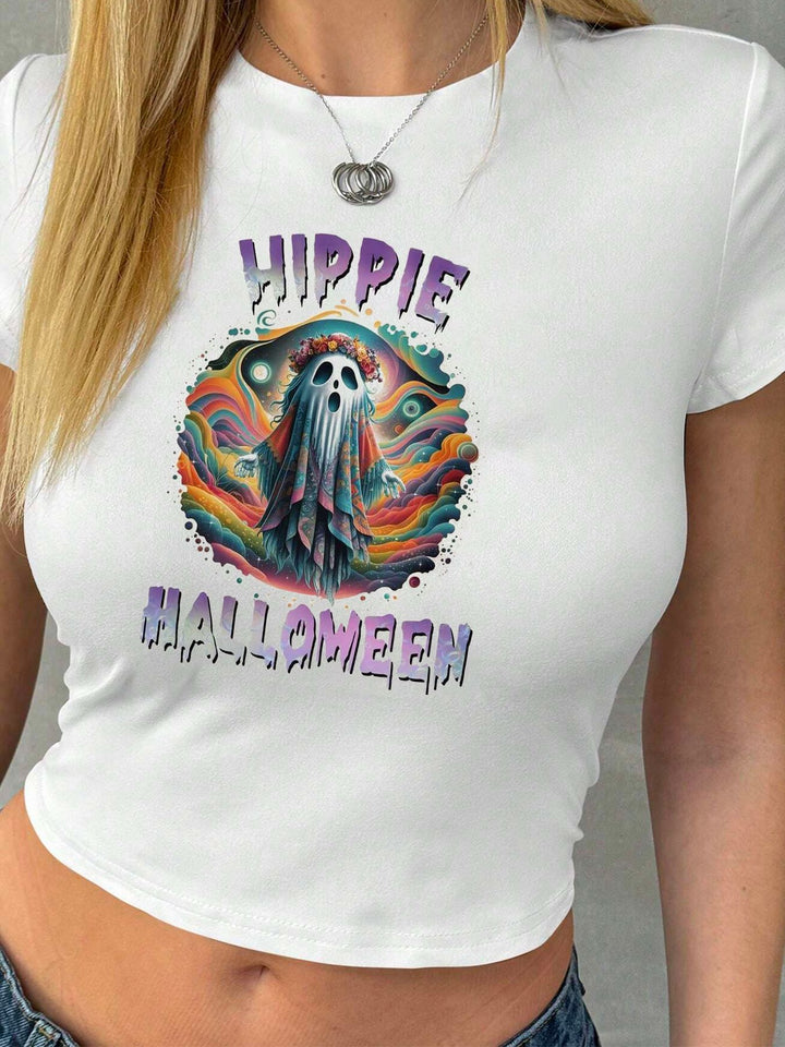 Dame Crop-T-shirt med kreativ läppmotiv och figursydd passform Mirla-Eva Jonsson