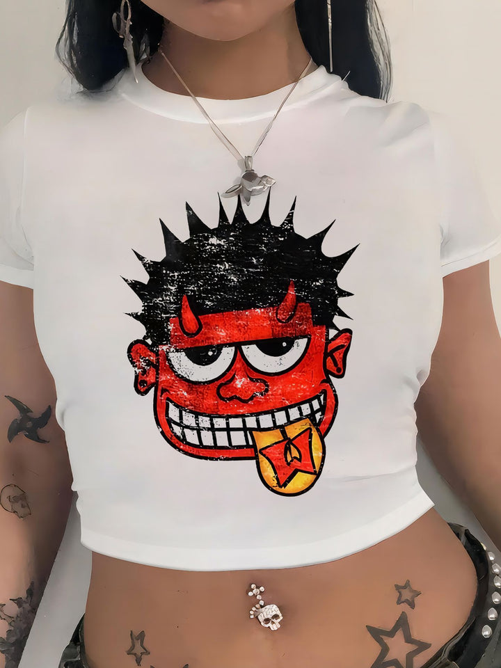 Dame Crop-T-shirt med kreativ nostalgi-tryck och avslappnad skärning Mirla-Eva Jonsson