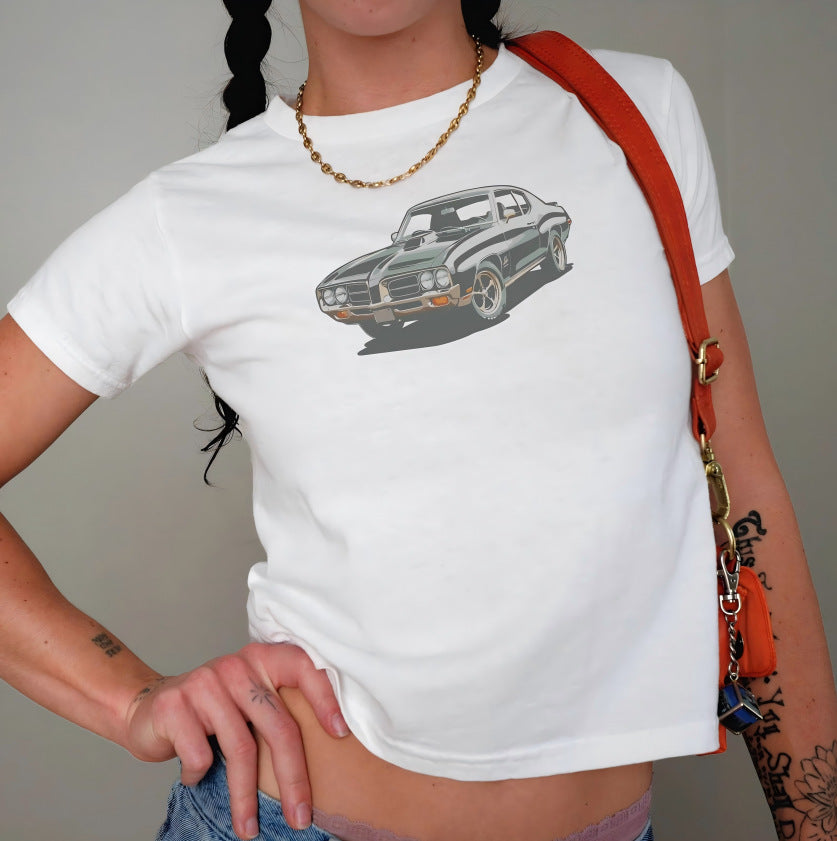 Dame Crop-T-shirt med kreativ nostalgi-tryck och avslappnad skärning Mirla-Eva Jonsson