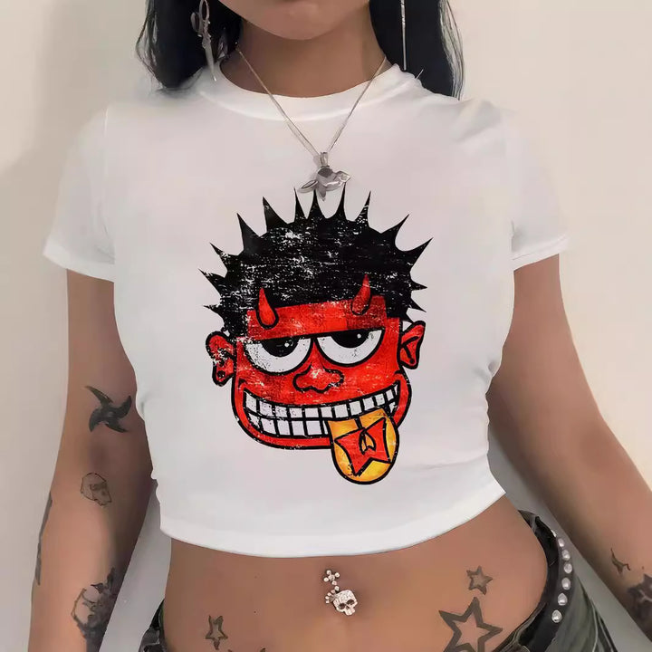 Dame Crop-T-shirt med kreativ nostalgi-tryck och avslappnad skärning Mirla-Eva Jonsson