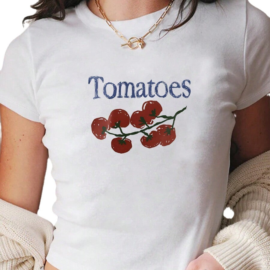 Dame Crop-T-shirt med kreativt tomatmotiv Mirla-Eva Jonsson