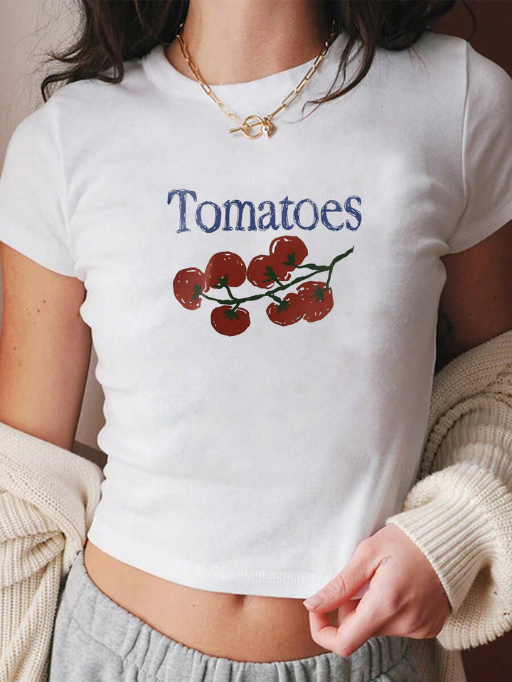 Dame Crop-T-shirt med kreativt tomatmotiv Mirla-Eva Jonsson