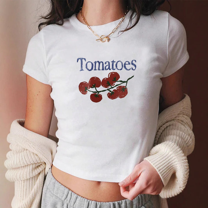 Dame Crop-T-shirt med kreativt tomatmotiv Mirla-Eva Jonsson