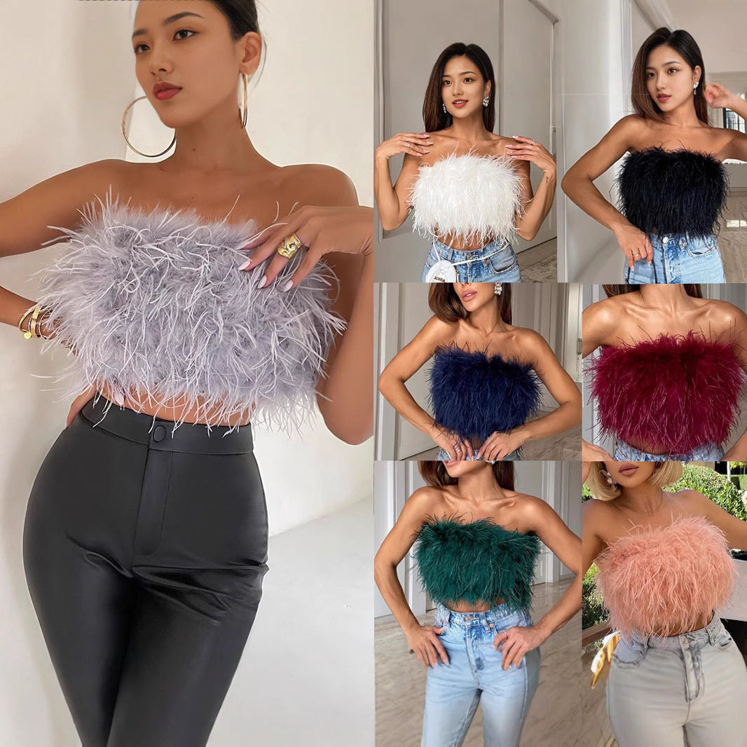 Dame Crop-Top i fjädrar med charmig design Mirla-Eva Jonsson