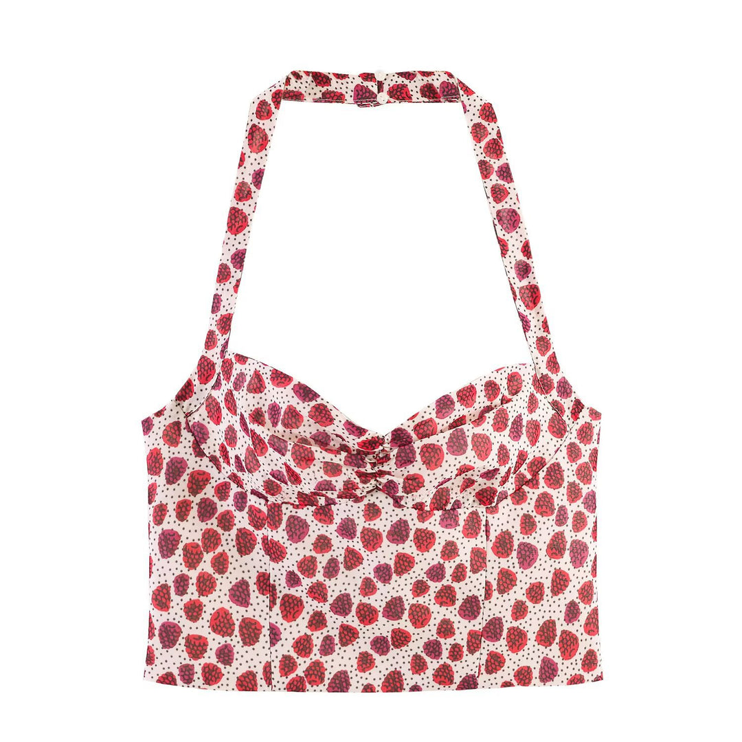Dame Crop-Top i fruktigt mönster med elegant omslagsknäppning Mirla-Eva Jonsson