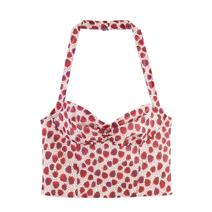 Dame Crop-Top i fruktigt mönster med elegant omslagsknäppning Mirla-Eva Jonsson