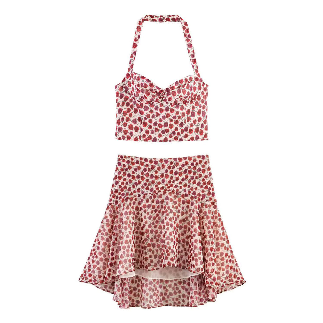 Dame Crop-Top i fruktigt mönster med elegant omslagsknäppning Mirla-Eva Jonsson