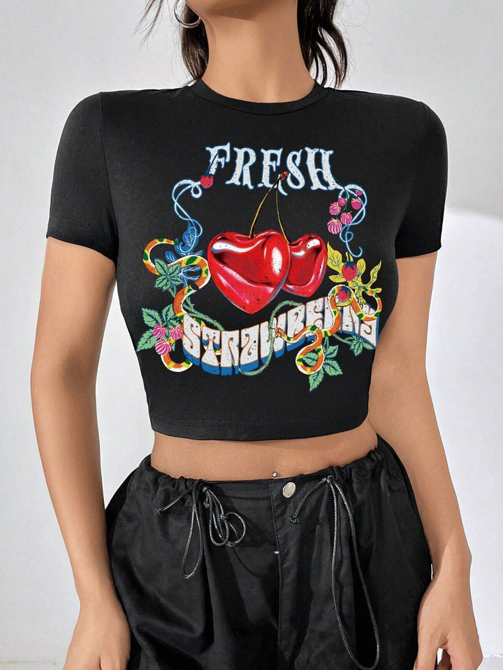 Dame Crop-Top med blommigt grafiskt tryck och kroppsnära skärning Mirla-Eva Jonsson
