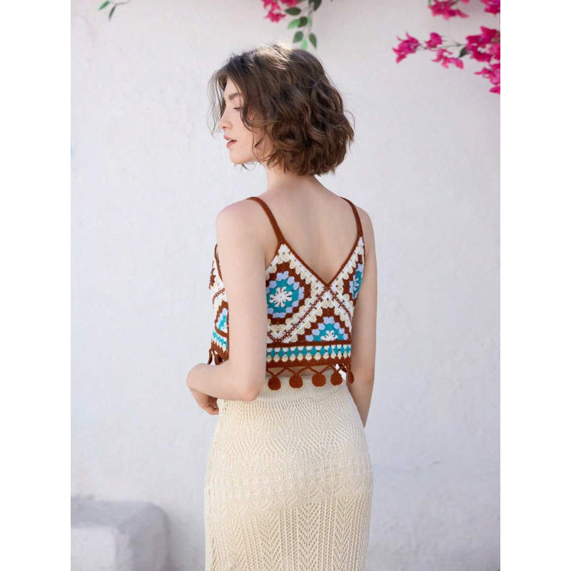 Dame Crop-Top med broderad design och fransar Mirla-Eva Jonsson
