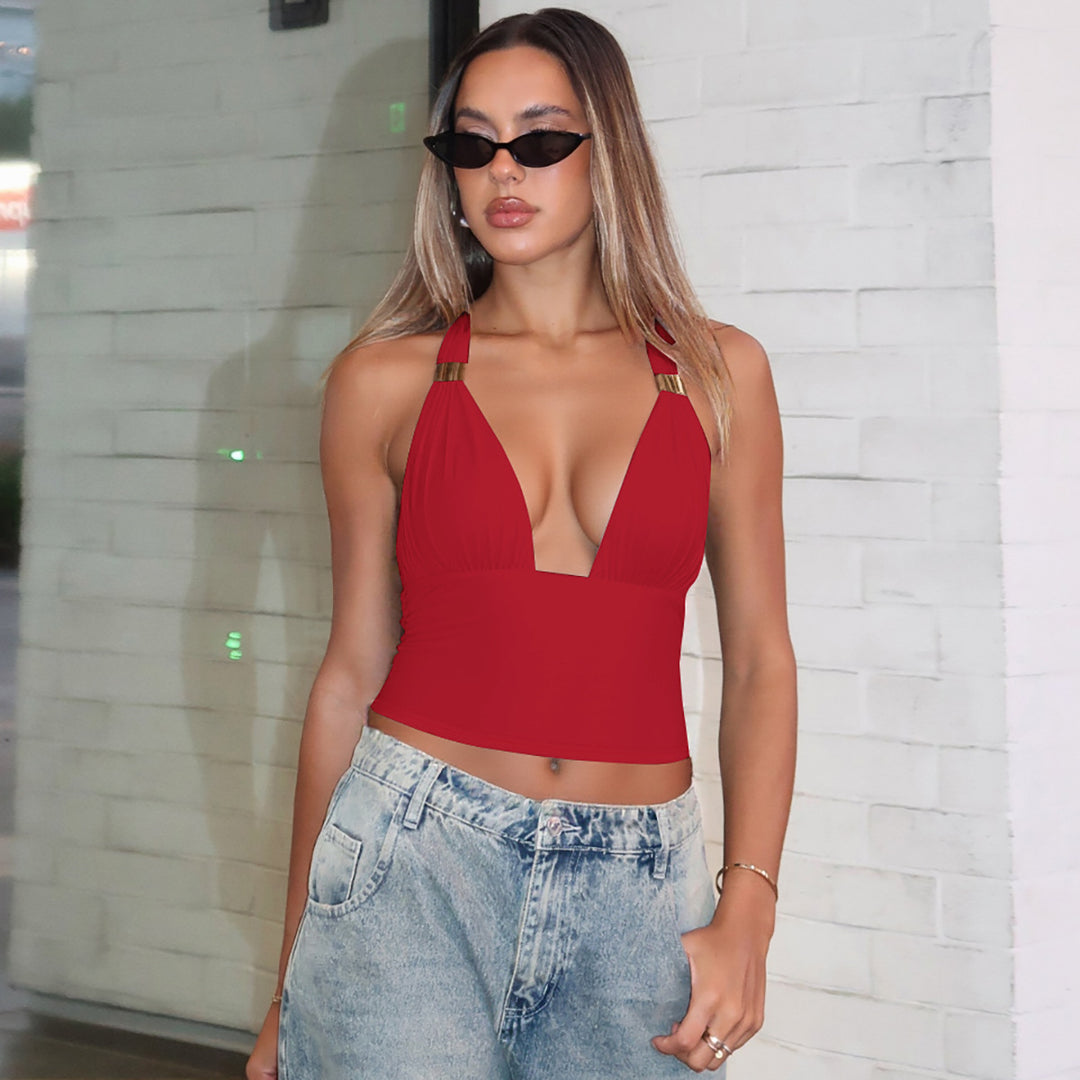 Dame Crop Top med djup V-halsning och eleganta axelbandsdetaljer Mirla-Eva Jonsson
