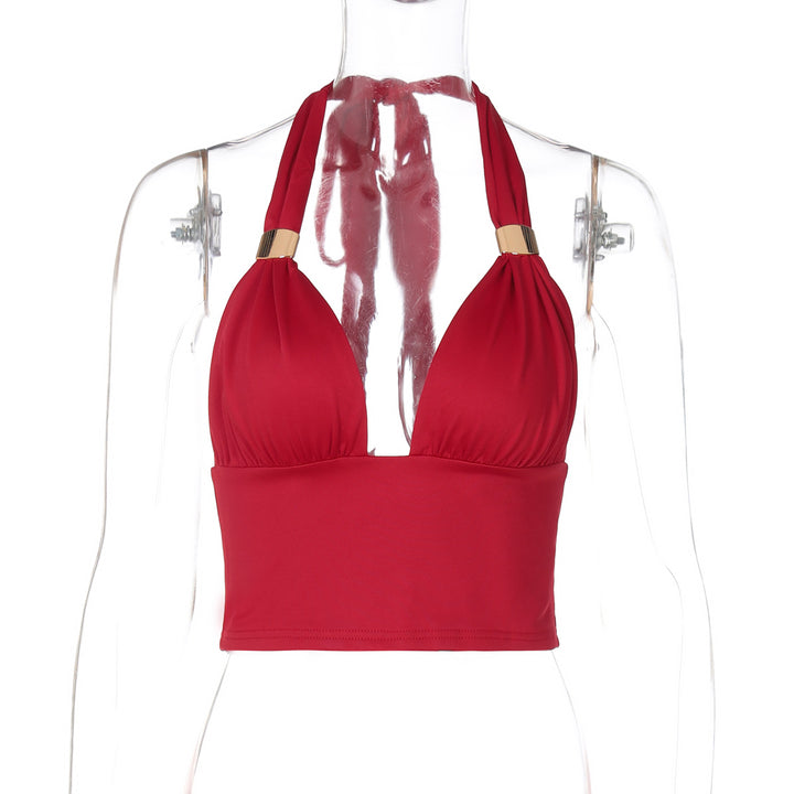 Dame Crop Top med djup V-halsning och eleganta axelbandsdetaljer Mirla-Eva Jonsson