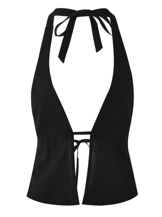Dame Crop Top med djup V-ringning och bindband Mirla-Eva Jonsson