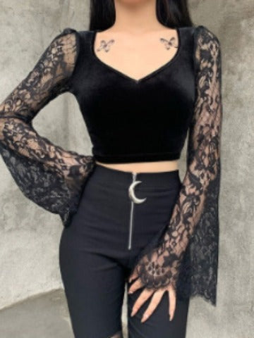 Dame Crop-Top med eleganta spetsärmar och figurnära skärning Mirla-Eva Jonsson