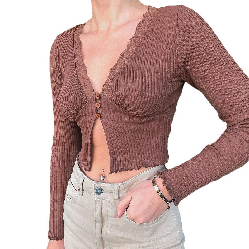 Dame Crop Top med feminin spets och knappdetaljer Mirla-Eva Jonsson
