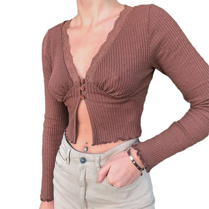Dame Crop Top med feminin spets och knappdetaljer Mirla-Eva Jonsson