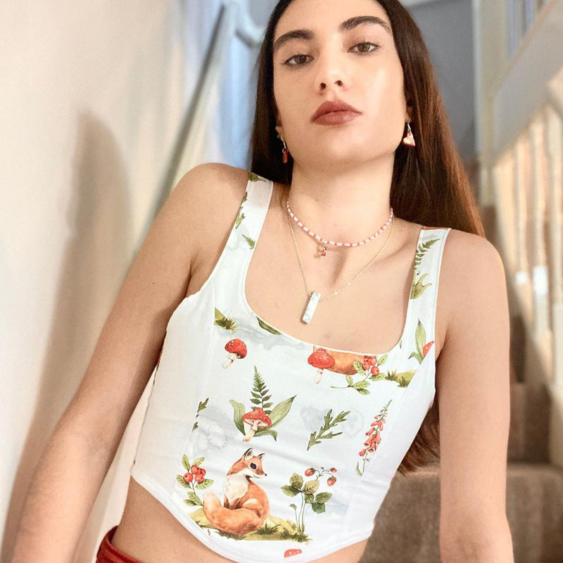 Dame Crop Top med konstnärlig flora-design och justerbara axelband Mirla-Eva Jonsson