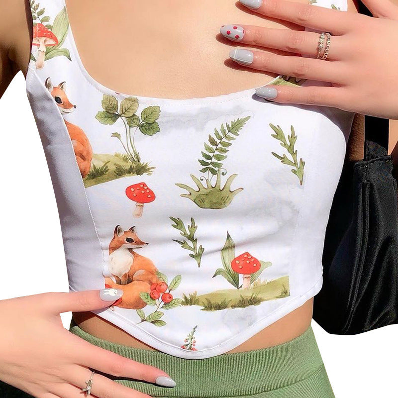Dame Crop Top med konstnärlig flora-design och justerbara axelband Mirla-Eva Jonsson