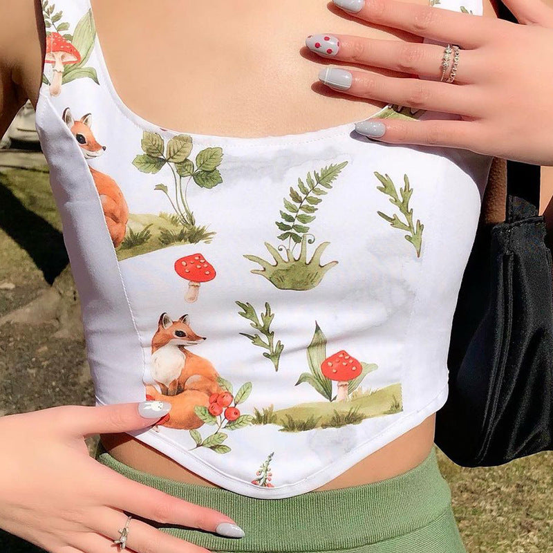 Dame Crop Top med konstnärlig flora-design och justerbara axelband Mirla-Eva Jonsson