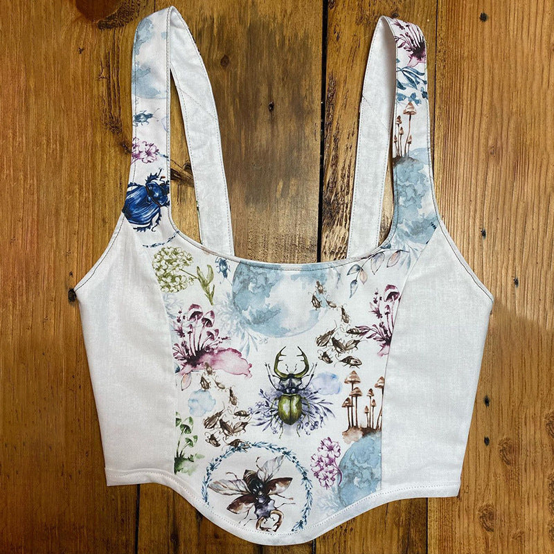 Dame Crop Top med konstnärlig flora-design och justerbara axelband Mirla-Eva Jonsson