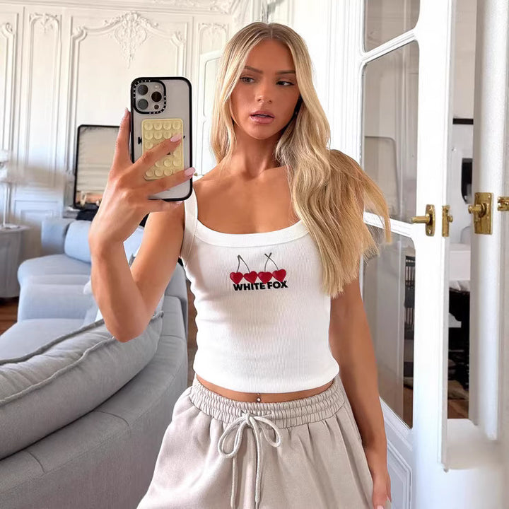 Dame Crop-Top med körsbärsbroderi och elastiskt bommaterial Mirla-Eva Jonsson