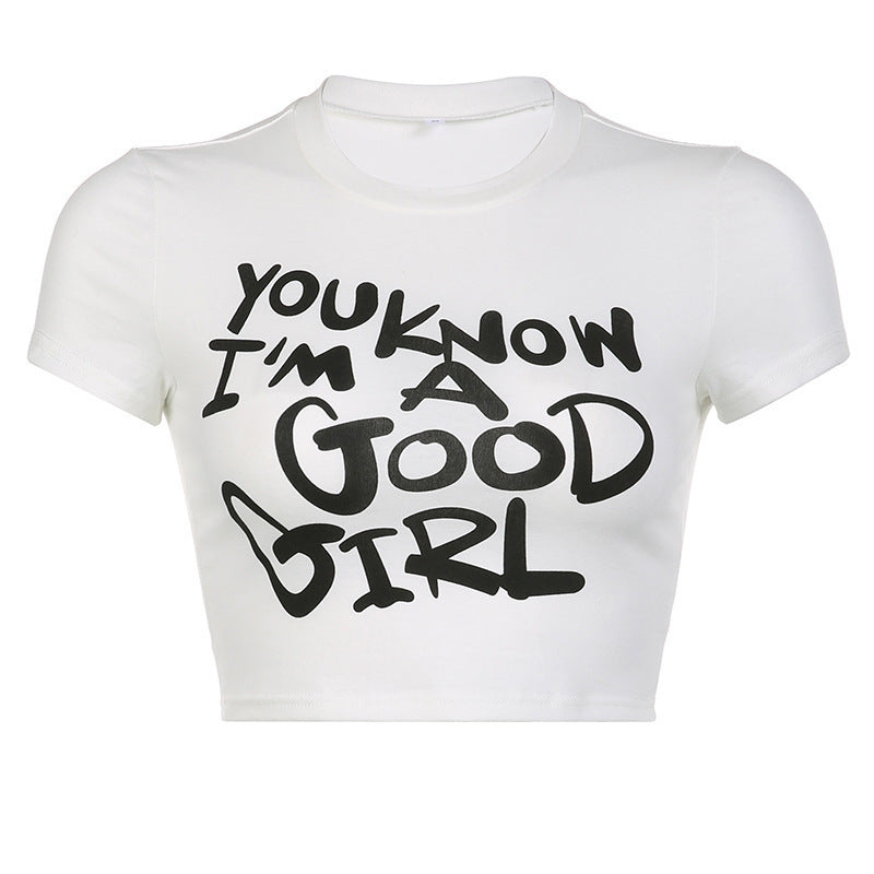 Dame Crop-Top med kreativ grafikdesign och modern text Mirla-Eva Jonsson