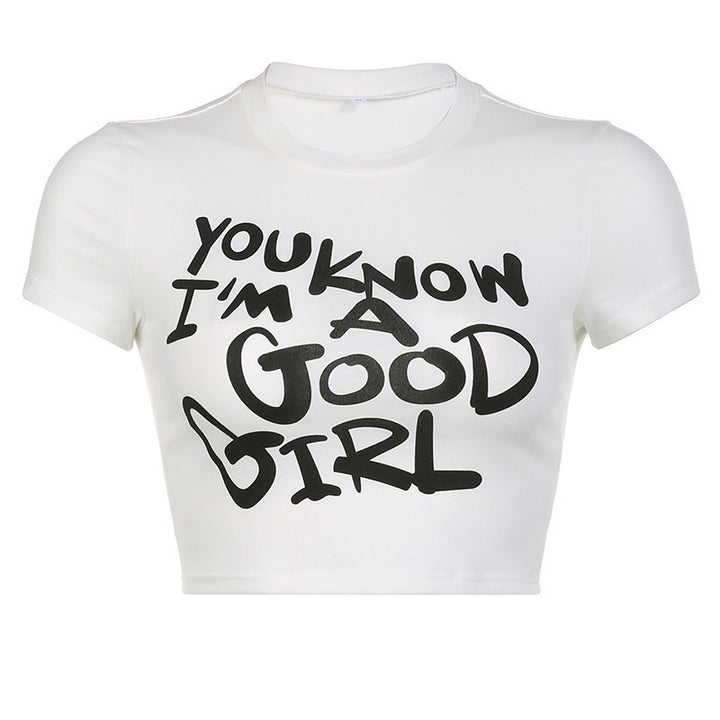 Dame Crop-Top med kreativ grafikdesign och modern text Mirla-Eva Jonsson