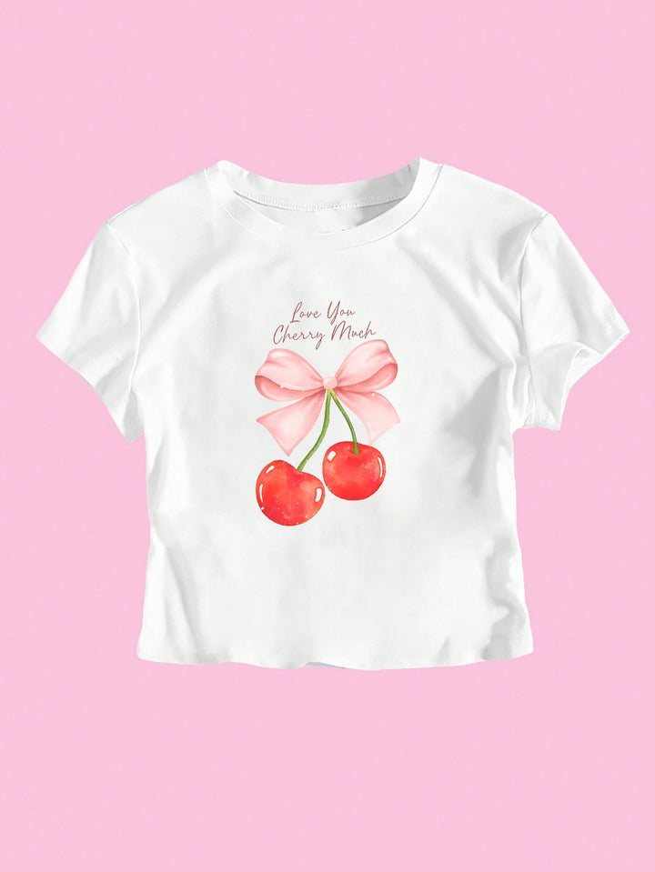 Dame Crop-Top med slät körsbärsmotiv och slingetryck Mirla-Eva Jonsson